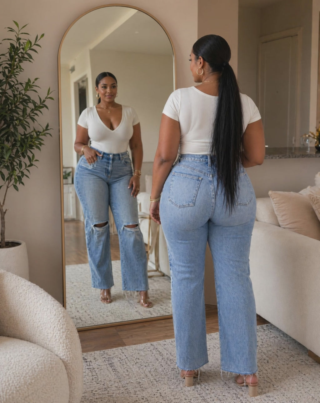 Distressed Straight Leg Jeans with Pockets
